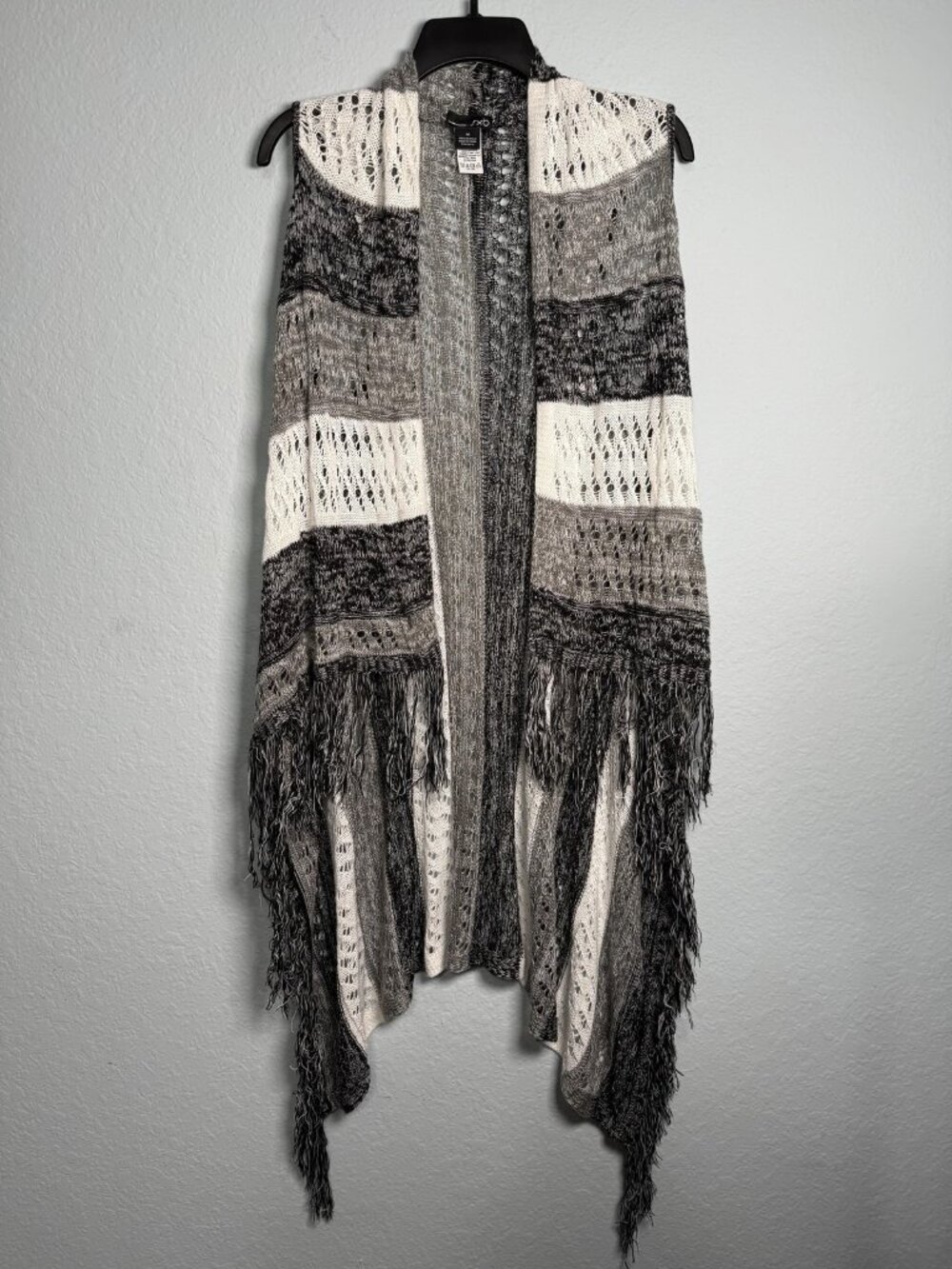 RXB Boho Fringe Duster Vest Womens M Black White Crochet Open Knit Hippie Chic